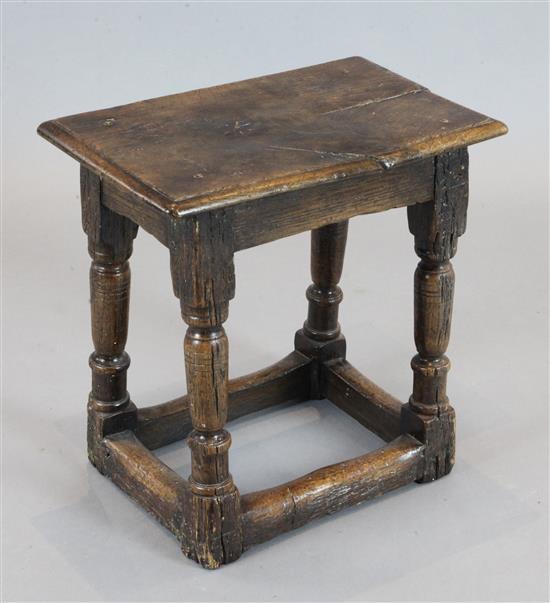 A 17th century oak joint stool, W.1ft 7in. D.1ft H.1ft 7in.